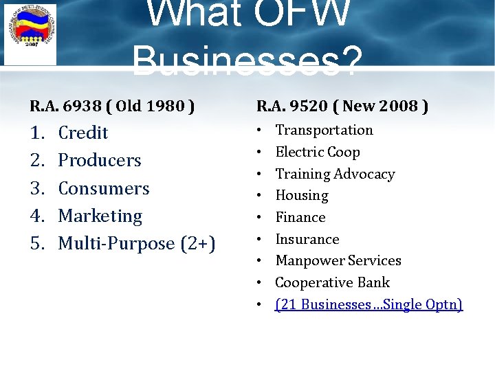 What OFW Businesses? R. A. 6938 ( Old 1980 ) R. A. 9520 (