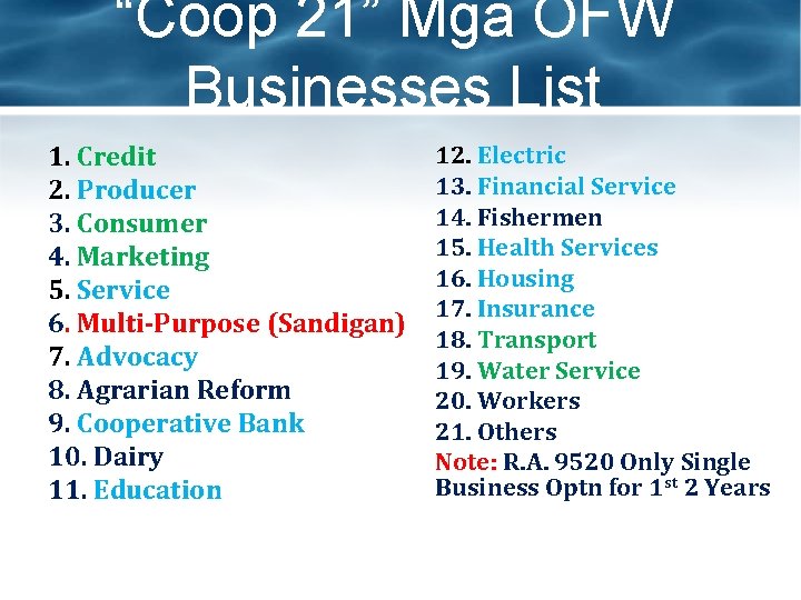 “Coop 21” Mga OFW Businesses List 1. Credit 2. Producer 3. Consumer 4. Marketing