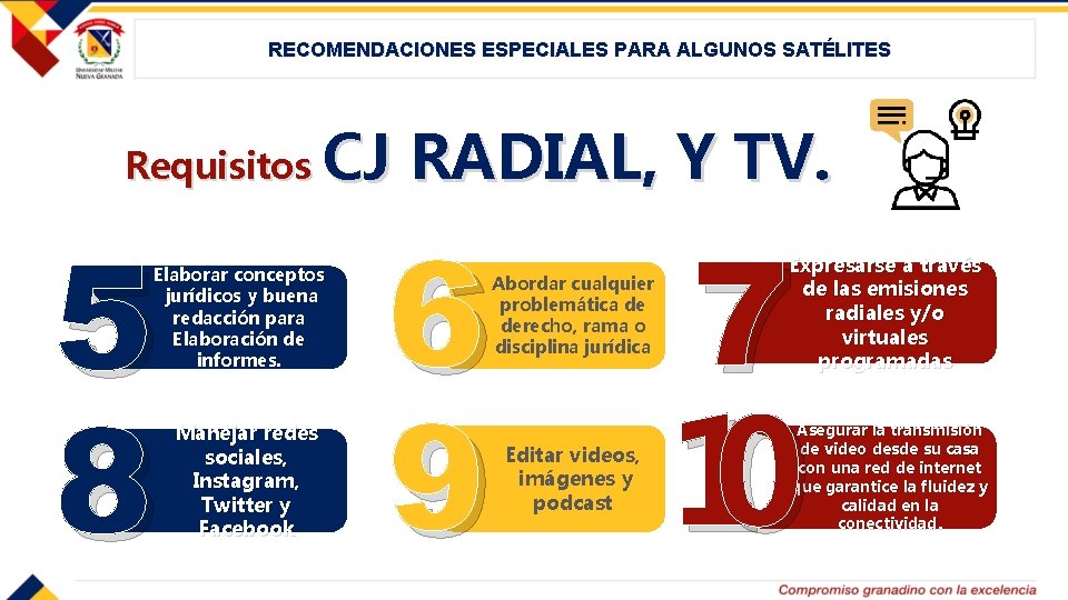 RECOMENDACIONES ESPECIALES PARA ALGUNOS SATÉLITES Requisitos 5 8 CJ RADIAL, Y TV. Elaborar conceptos