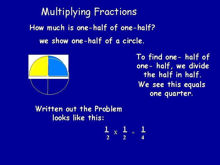 Multiplying Fractions How much is one-half of one-half? we show one-half of a circle.