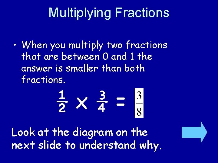 Multiplying Fractions • When you multiply two fractions that are between 0 and 1