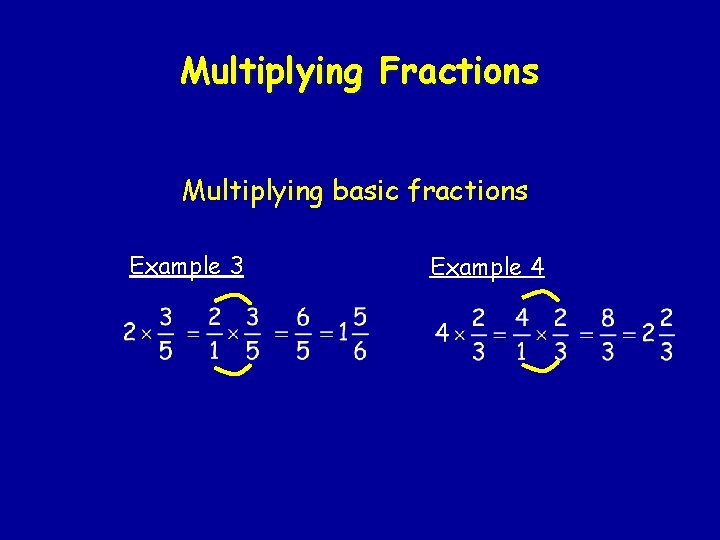 Multiplying Fractions Multiplying basic fractions Example 3 Example 4 Multiplying Fractions Multiplying basic fractions Example 3 Example 4