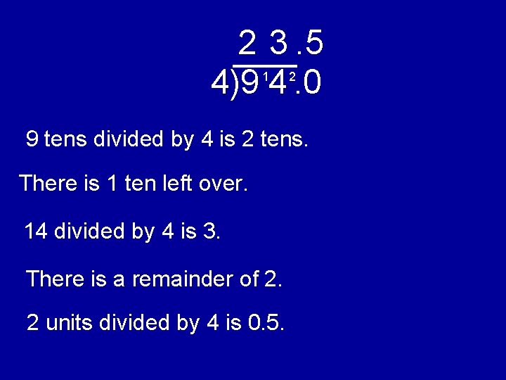 2 3. 5 4)9 4. 0 1 2 9 tens divided by 4 is