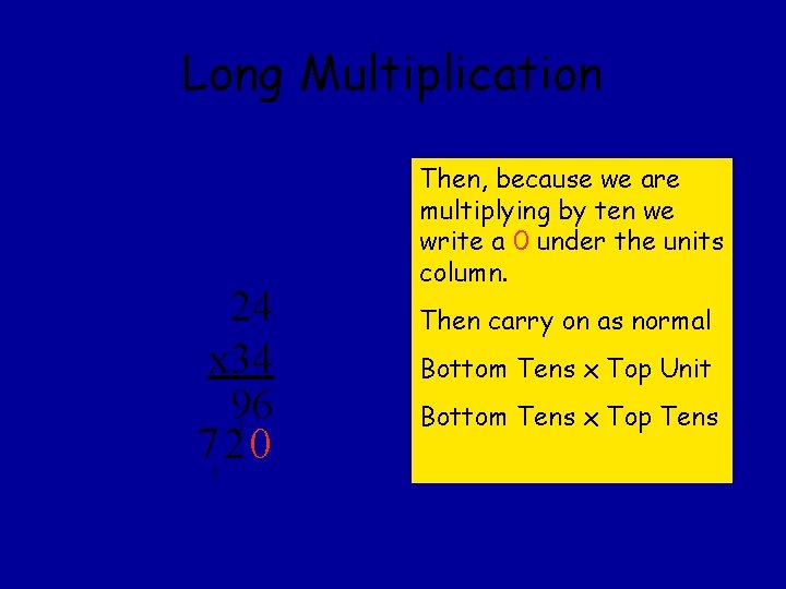 Long Multiplication 24 x 34 96 720 1 1 Then, because we are multiplying