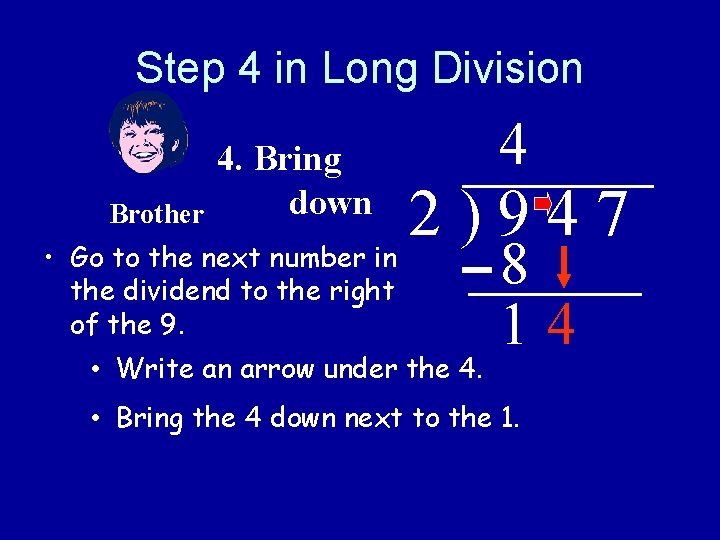 Step 4 in Long Division 4. Bring down 4 2 ) 9 4 7