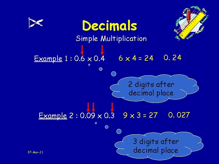 Decimals Simple Multiplication Example 1 : 0. 6 x 0. 4 6 x 4 Decimals Simple Multiplication Example 1 : 0. 6 x 0. 4 6 x 4