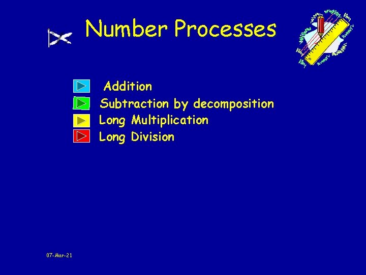 Number Processes Addition Subtraction by decomposition Long Multiplication Long Division 07 -Mar-21 Number Processes Addition Subtraction by decomposition Long Multiplication Long Division 07 -Mar-21