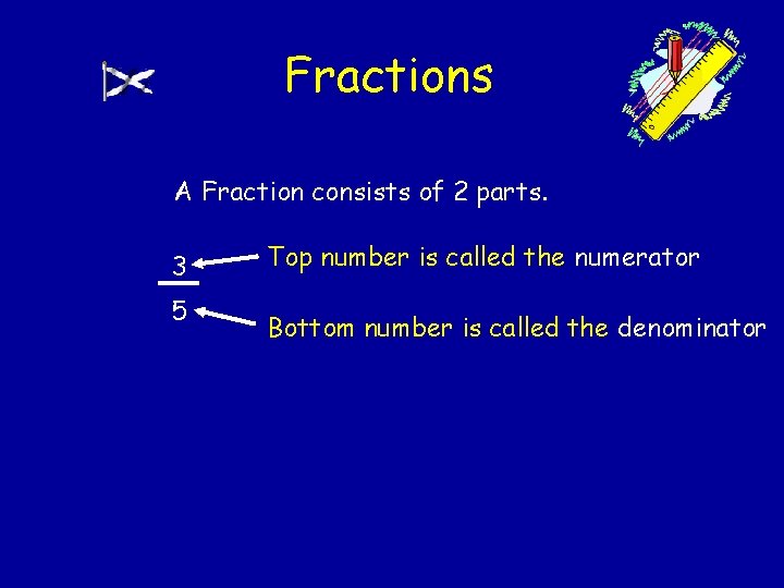 Fractions A Fraction consists of 2 parts. 3 5 Top number is called the