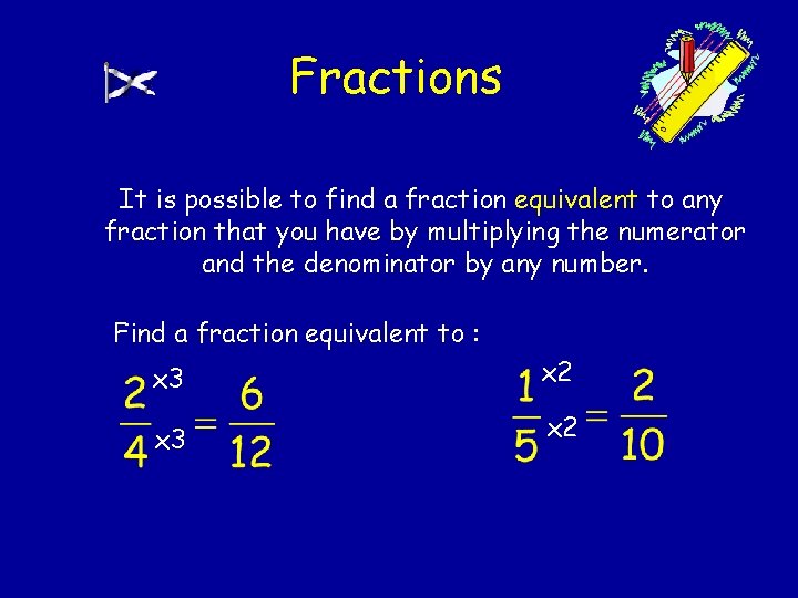 Fractions It is possible to find a fraction equivalent to any fraction that you