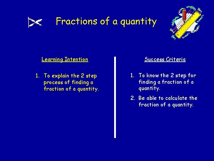 Fractions of a quantity Learning Intention 1. To explain the 2 step process of