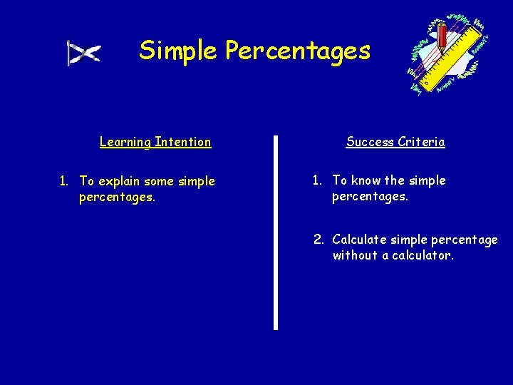 Simple Percentages Learning Intention Success Criteria 1. To explain some simple percentages. 1. To Simple Percentages Learning Intention Success Criteria 1. To explain some simple percentages. 1. To