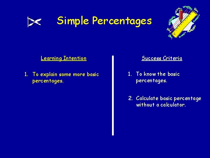 Simple Percentages Learning Intention 1. To explain some more basic percentages. Success Criteria 1.