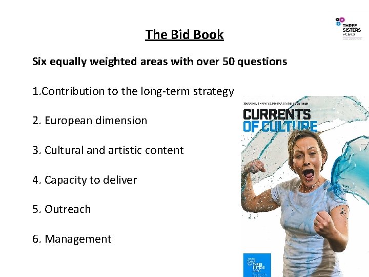 The Bid Book Six equally weighted areas with over 50 questions 1. Contribution to