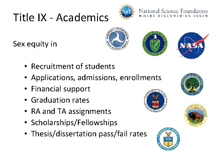 Title IX - Academics Sex equity in • • Recruitment of students Applications, admissions,
