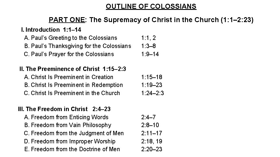 OUTLINE OF COLOSSIANS PART ONE: The Supremacy of Christ in the Church (1: 1–