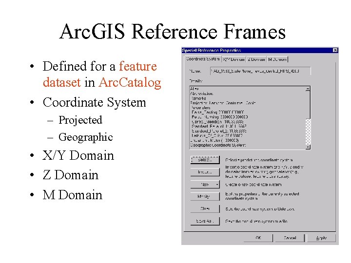 Arc. GIS Reference Frames • Defined for a feature dataset in Arc. Catalog •