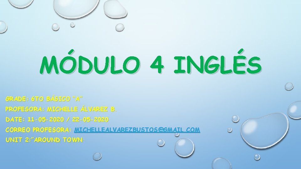 MÓDULO 4 INGLÉS GRADE: 6 TO BÁSICO “A” PROFESORA: MICHELLE ÁLVAREZ B. DATE: 11