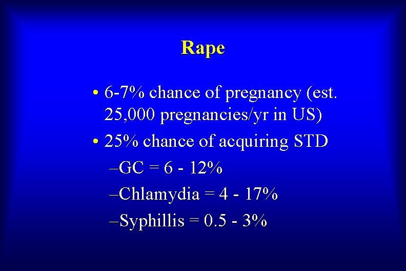 Rape • 6 -7% chance of pregnancy (est. 25, 000 pregnancies/yr in US) •