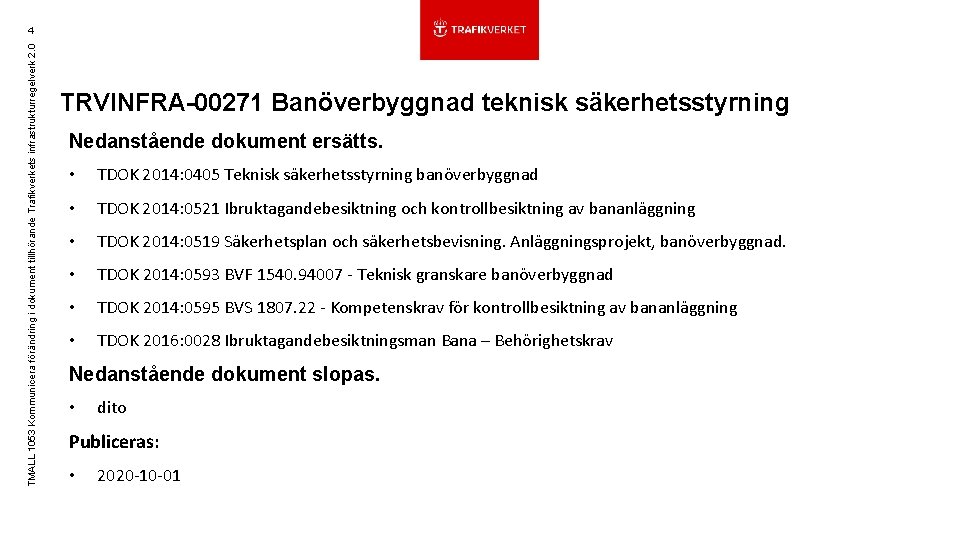 TMALL 1053 Kommunicera förändring i dokument tillhörande Trafikverkets infrastrukturregelverk 2. 0 4 TRVINFRA-00271 Banöverbyggnad