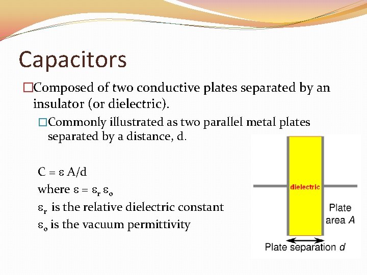 Capacitors �Composed of two conductive plates separated by an insulator (or dielectric). �Commonly illustrated