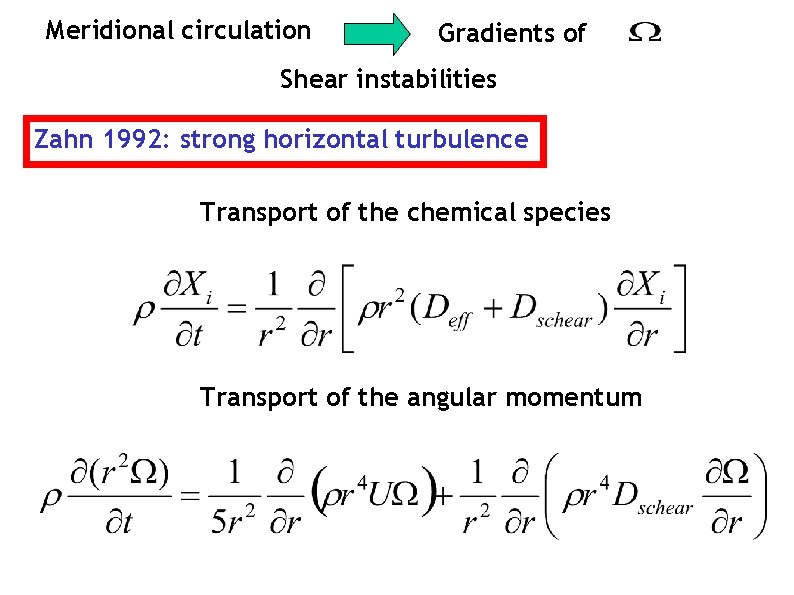 Meridional circulation Gradients of Shear instabilities Zahn 1992: strong horizontal turbulence Transport of the