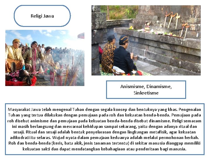 Religi Jawa Anismisme, Dinamisme, Sinkretisme Masyarakat Jawa telah mengenal Tuhan dengan segala konsep dan