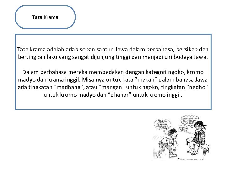 Tata Krama Tata krama adalah adab sopan santun Jawa dalam berbahasa, bersikap dan bertingkah