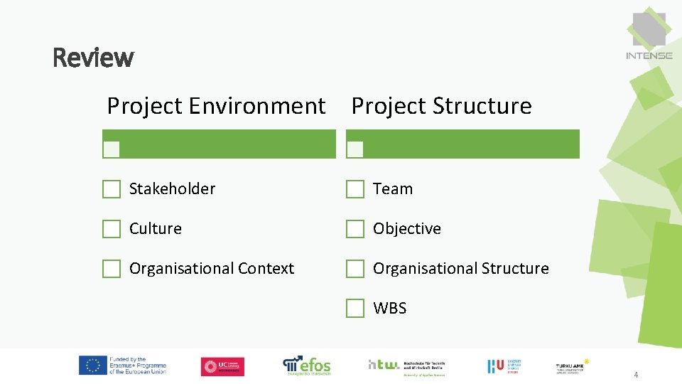 Review Project Environment Project Structure Stakeholder Team Culture Objective Organisational Context Organisational Structure WBS