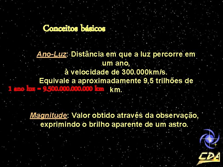 Conceitos básicos 1 ano Ano-Luz: Distância em que a luz percorre em um ano,