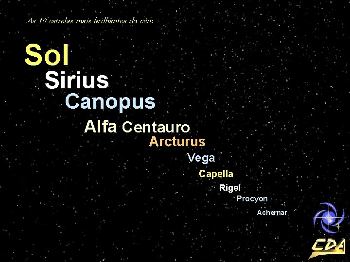 As 10 estrelas mais brilhantes do céu: Sol Sirius Canopus Alfa Centauro Arcturus Vega