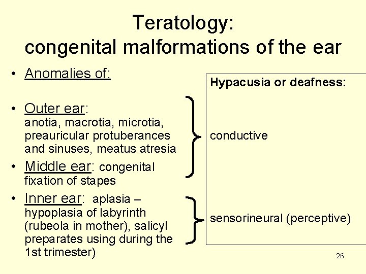 Teratology: congenital malformations of the ear • Anomalies of: Hypacusia or deafness: • Outer