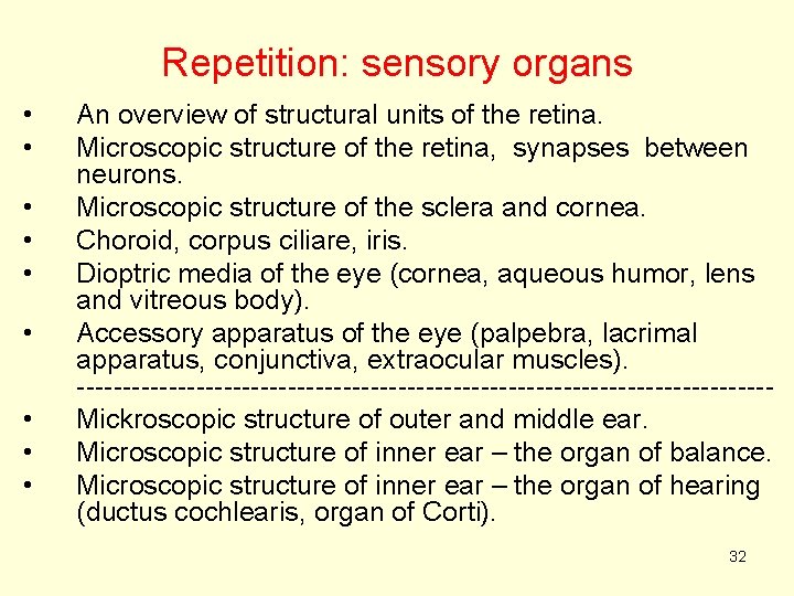 Repetition: sensory organs • • • An overview of structural units of the retina.
