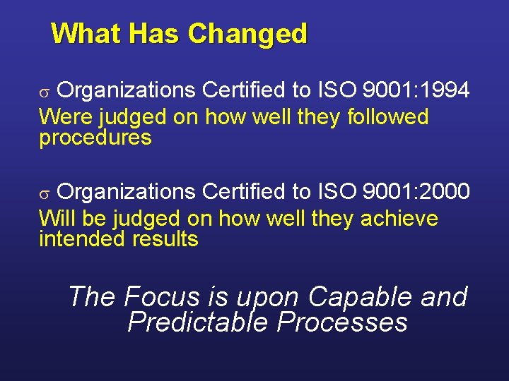 What Has Changed Organizations Certified to ISO 9001: 1994 Were judged on how well What Has Changed Organizations Certified to ISO 9001: 1994 Were judged on how well
