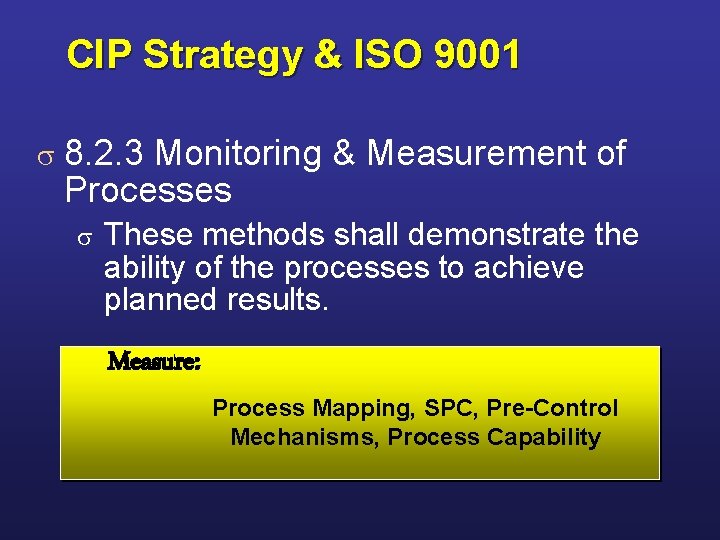 CIP Strategy & ISO 9001 s 8. 2. 3 Monitoring & Measurement of Processes CIP Strategy & ISO 9001 s 8. 2. 3 Monitoring & Measurement of Processes