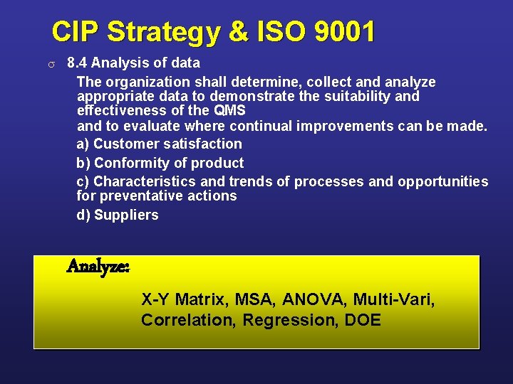 CIP Strategy & ISO 9001 s 8. 4 Analysis of data The organization shall CIP Strategy & ISO 9001 s 8. 4 Analysis of data The organization shall
