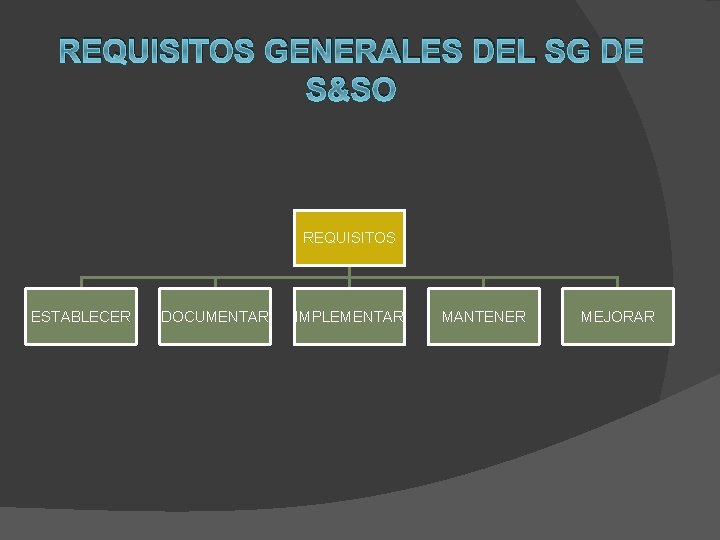 REQUISITOS GENERALES DEL SG DE S&SO REQUISITOS ESTABLECER DOCUMENTAR IMPLEMENTAR MANTENER MEJORAR 