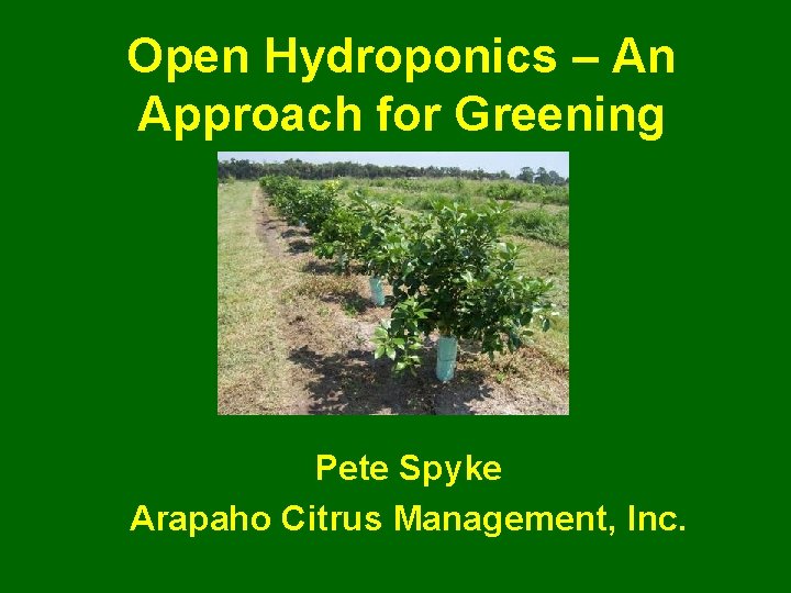 Open Hydroponics – An Approach for Greening Pete Spyke Arapaho Citrus Management, Inc. 