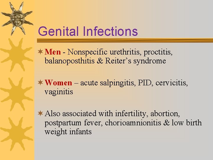 Genital Infections ¬ Men - Nonspecific urethritis, proctitis, balanoposthitis & Reiter’s syndrome ¬ Women