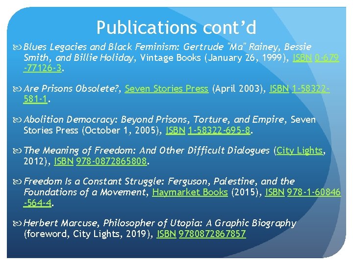 Publications cont’d Blues Legacies and Black Feminism: Gertrude "Ma" Rainey, Bessie Smith, and Billie