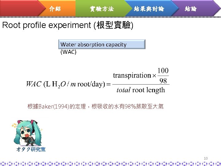 介紹 實驗方法 結果與討論 結論 Root profile experiment (根型實驗) Water absorption capacity (WAC) 根據Baker(1994)的定理，根吸收的水有98%蒸散至大氣 10