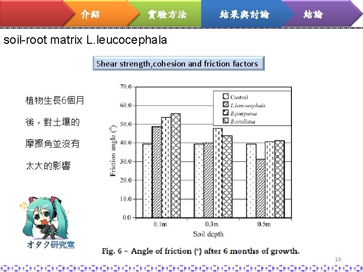 介紹 實驗方法 結果與討論 結論 soil-root matrix L. leucocephala Shear strength, cohesion and friction factors