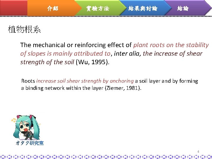 介紹 實驗方法 結果與討論 結論 植物根系 The mechanical or reinforcing effect of plant roots on