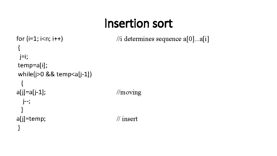 Insertion sort for (i=1; i<n; i++) { j=i; temp=a[i]; while(j>0 && temp<a[j-1]) { a[j]=a[j-1];