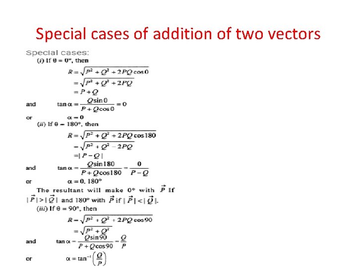 Special cases of addition of two vectors 