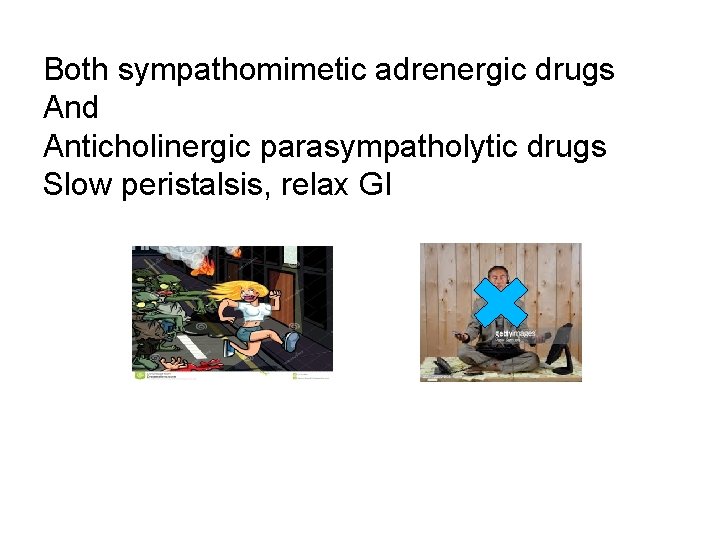 Both sympathomimetic adrenergic drugs And Anticholinergic parasympatholytic drugs Slow peristalsis, relax GI 