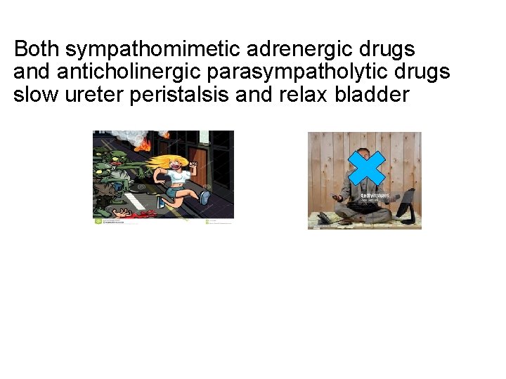 Both sympathomimetic adrenergic drugs and anticholinergic parasympatholytic drugs slow ureter peristalsis and relax bladder