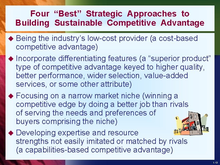 Four “Best” Strategic Approaches to Building Sustainable Competitive Advantage u Being the industry’s low-cost
