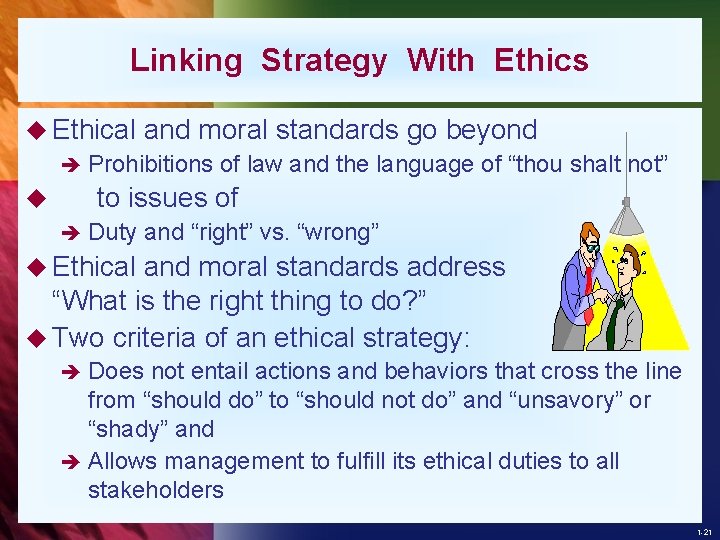 Linking Strategy With Ethics u Ethical and moral standards go beyond è Prohibitions of