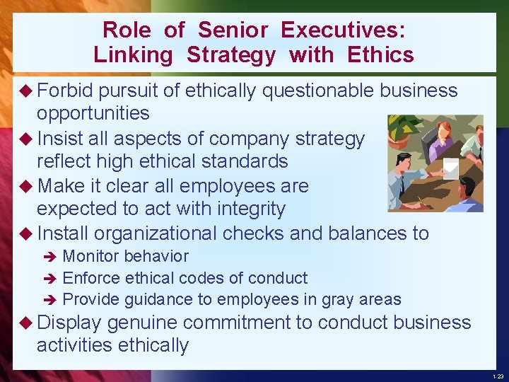 Role of Senior Executives: Linking Strategy with Ethics u Forbid pursuit of ethically questionable