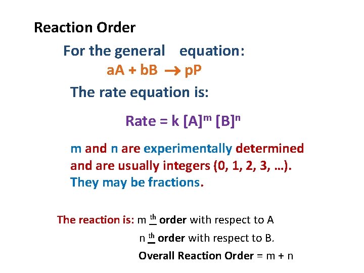 Reaction Order For the general equation: a. A + b. B p. P The